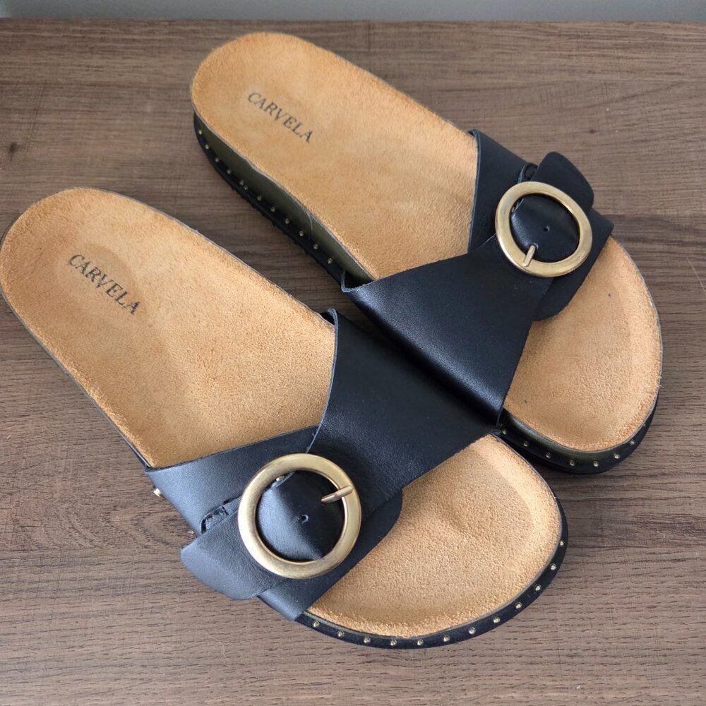 NEVER WORN CARVELA MADE IN SPAIN BLACK LEATHER UPPER BUCKLE STUDDED SLIPPERS 38